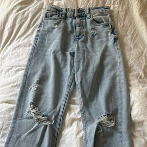 Zara Light Blue Distressed Straight Leg Jeans with rips